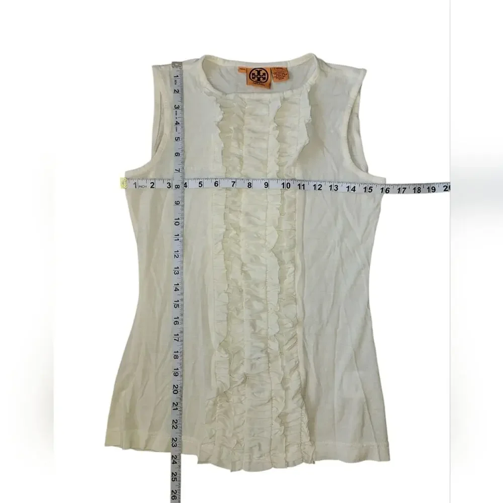 Tory Burch Cream Pintuck Ruffle Front Sleeveless Blouse Size Small